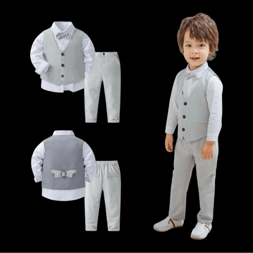 Size 12-18 Months Kimocat Kids 3 Piece Gray and White Suit Set (No Bow tie) New